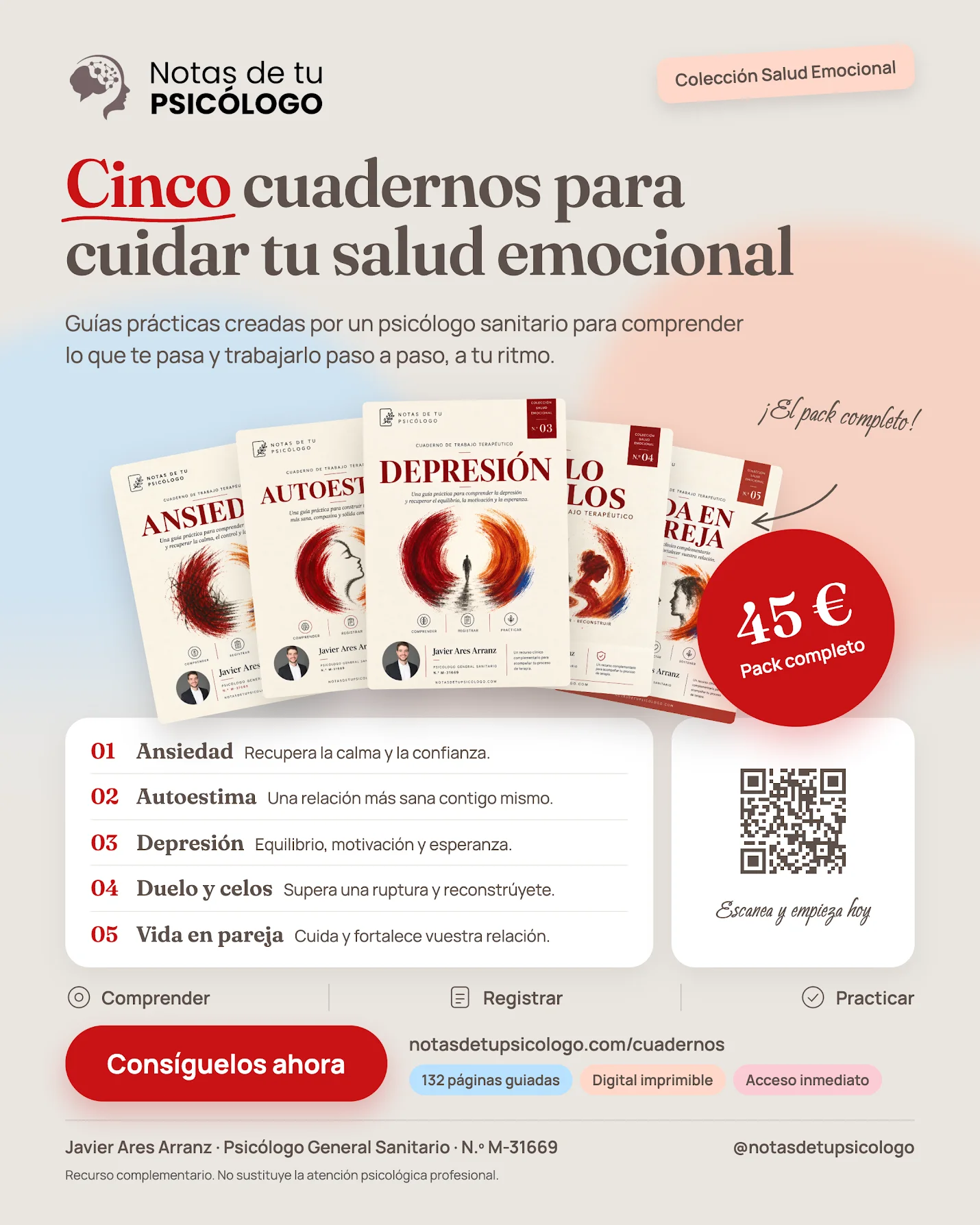 Los cinco cuadernos de la Colección Salud Emocional incluidos en el combo completo